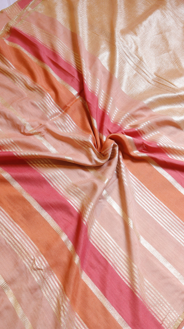 Peach Pure Chiniya Silk Handloom Stripe Saree