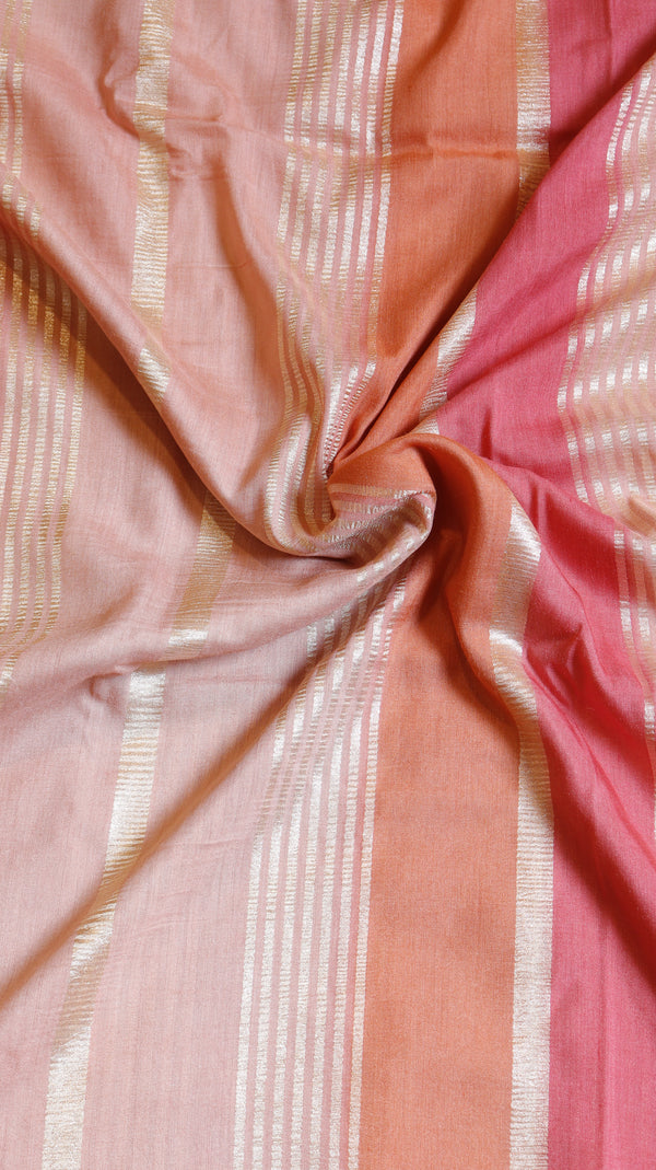 Peach Pure Chiniya Silk Handloom Stripe Saree