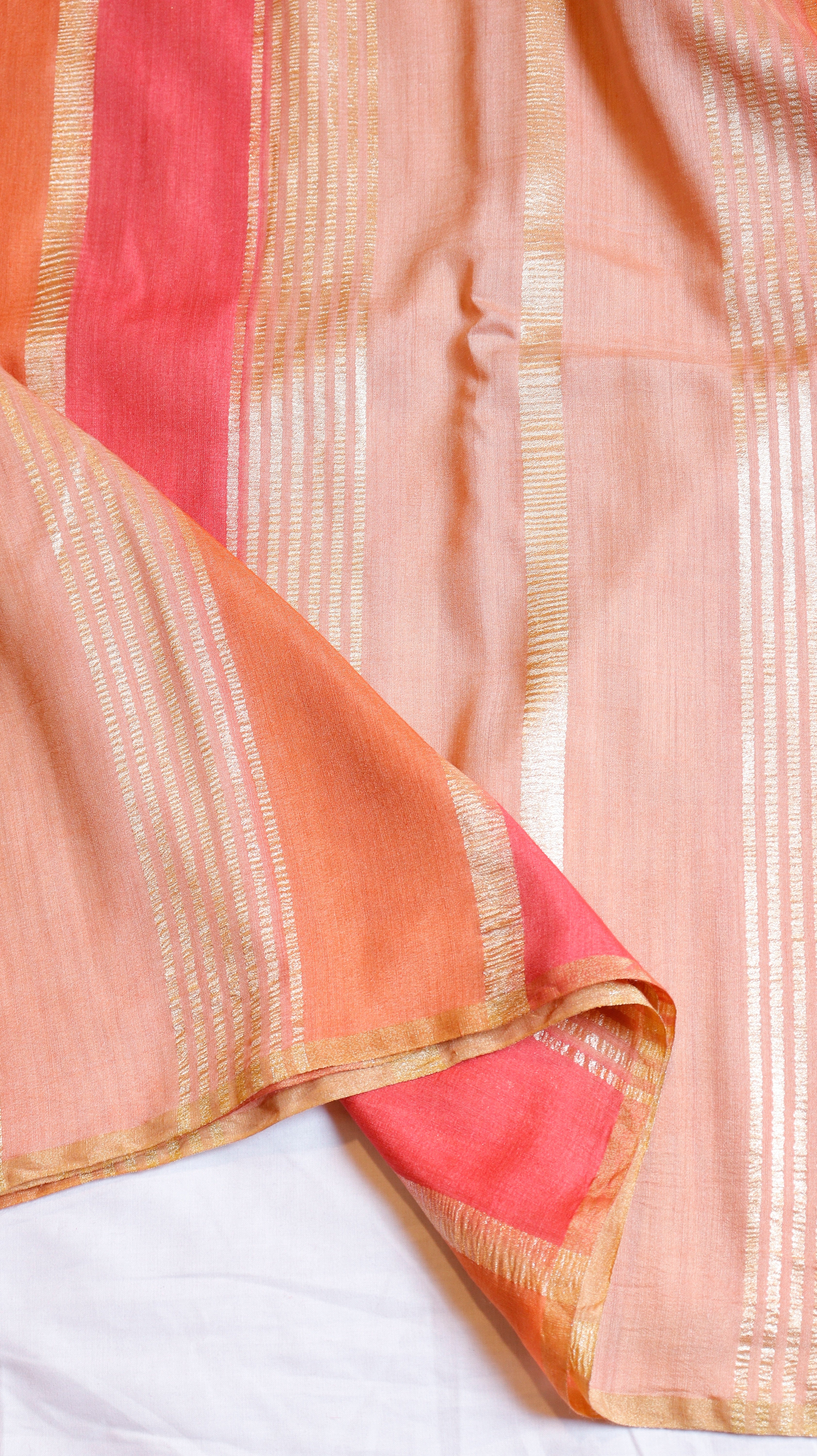 Peach Pure Chiniya Silk Handloom Stripe Saree