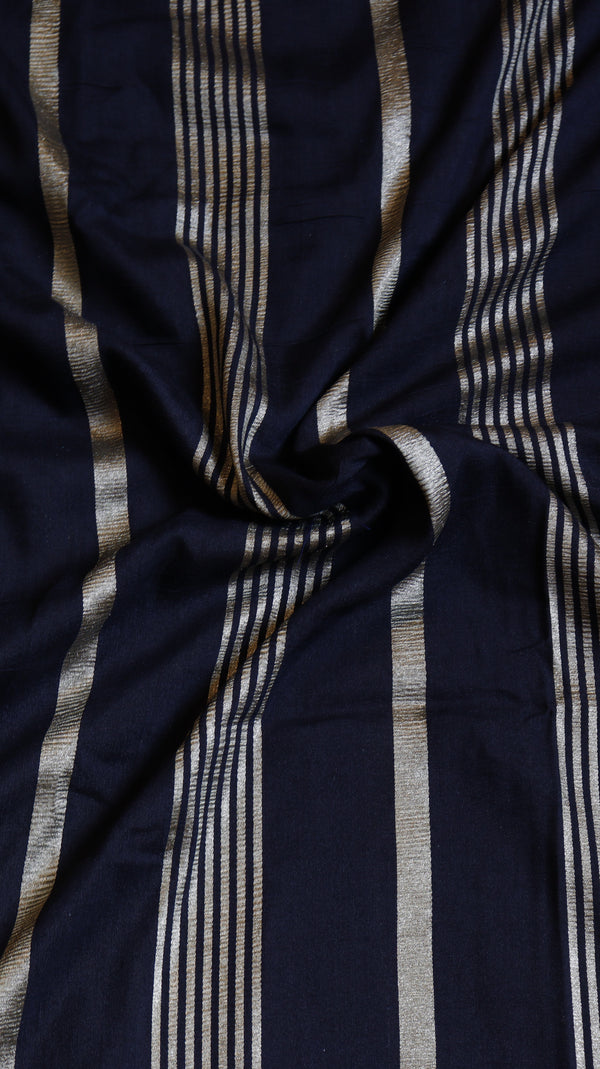 Pre-Order : Black Pure Chiniya Silk Handloom Stripe Saree