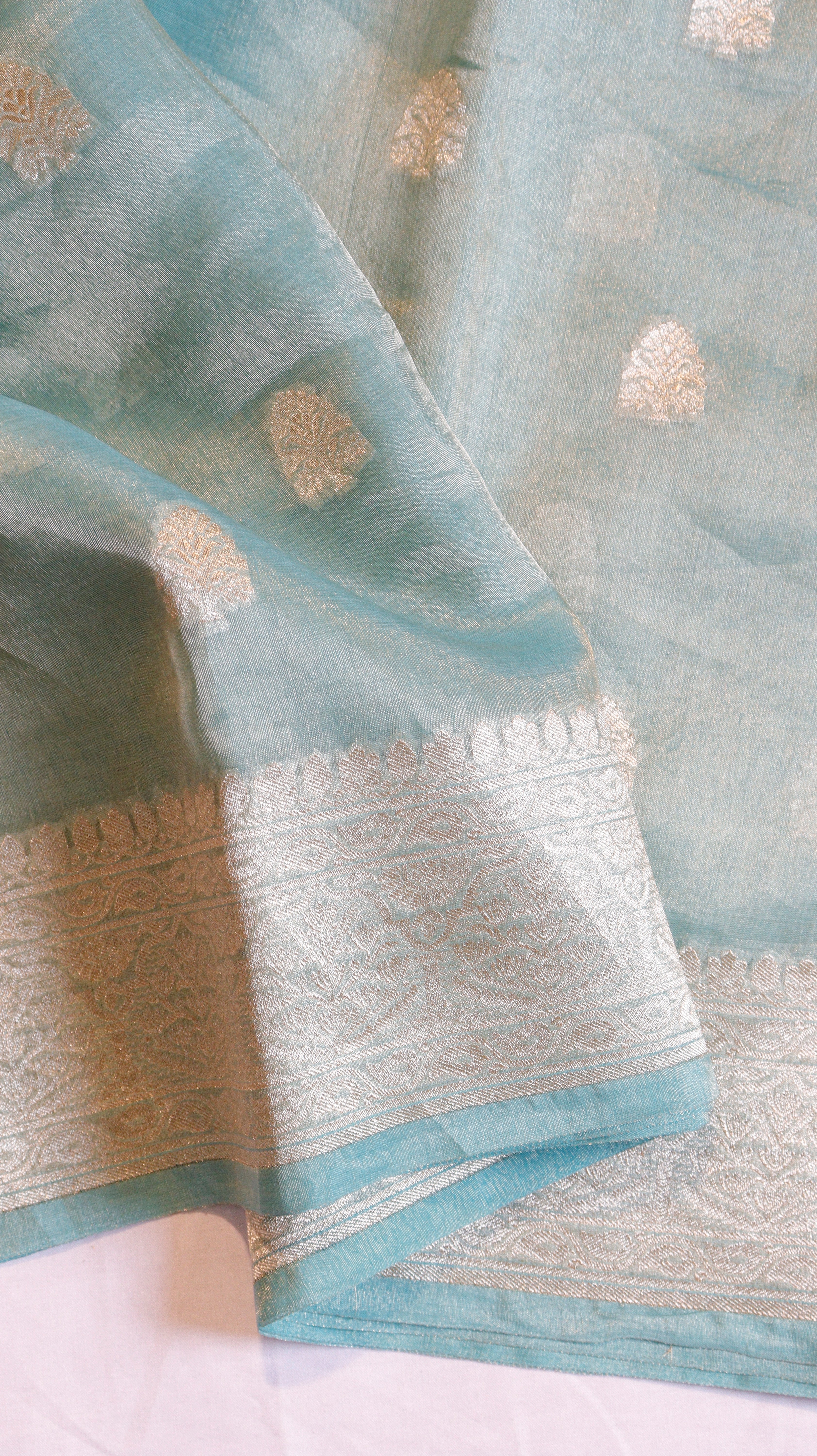 Aqua Blue Pure Tissue Silk Handloom Saree