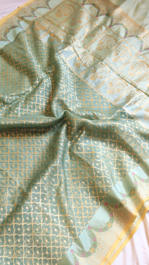 Aqua Blue Pure Kora Silk Handloom Saree with Contrast Blouse