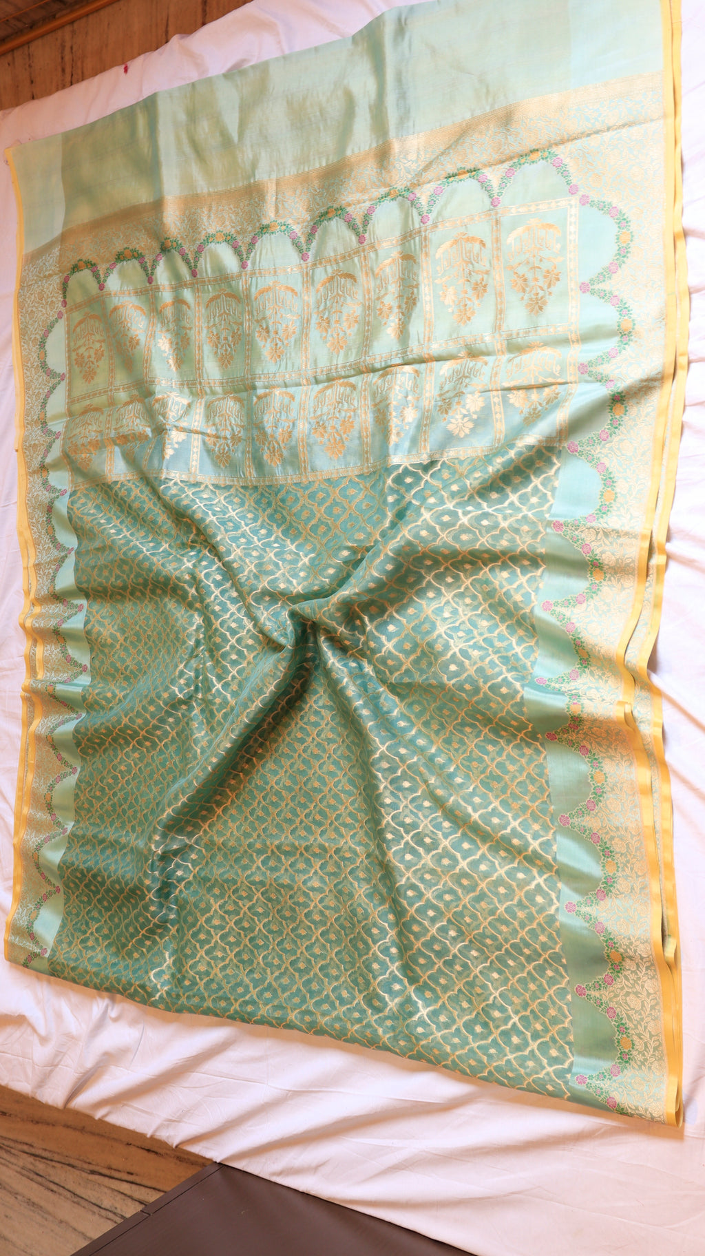 Aqua Blue Pure Kora Silk Handloom Saree with Contrast Blouse