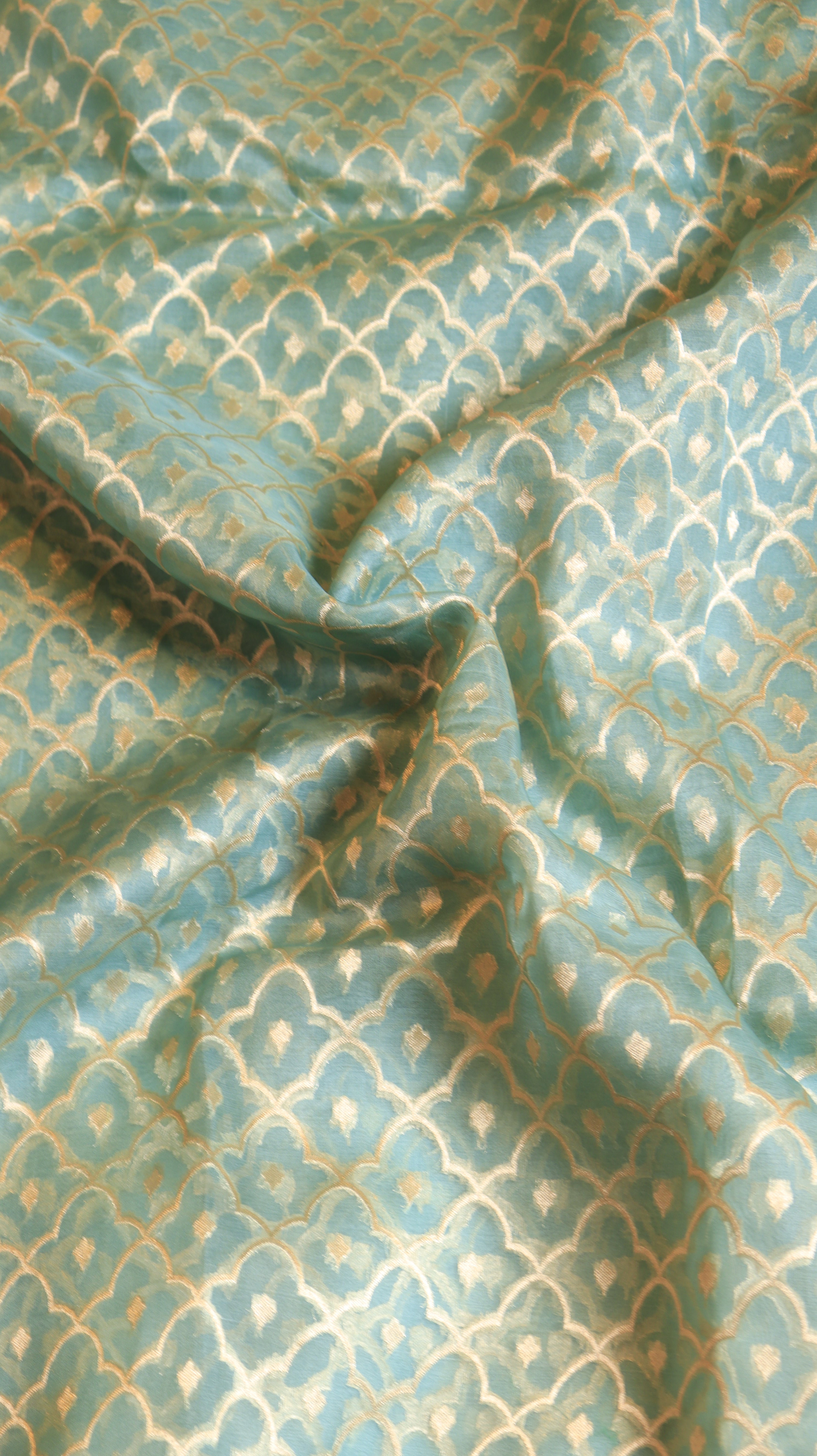 Aqua Blue Pure Kora Silk Handloom Saree with Contrast Blouse