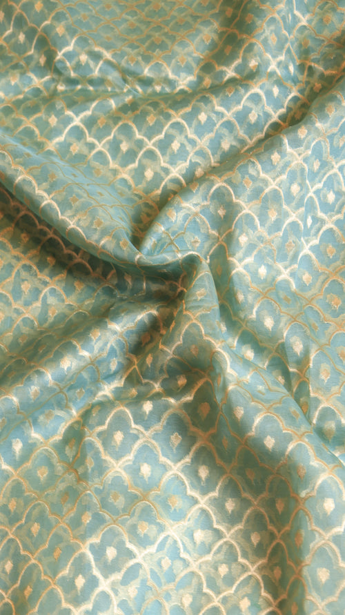 Aqua Blue Pure Kora Silk Handloom Saree with Contrast Blouse