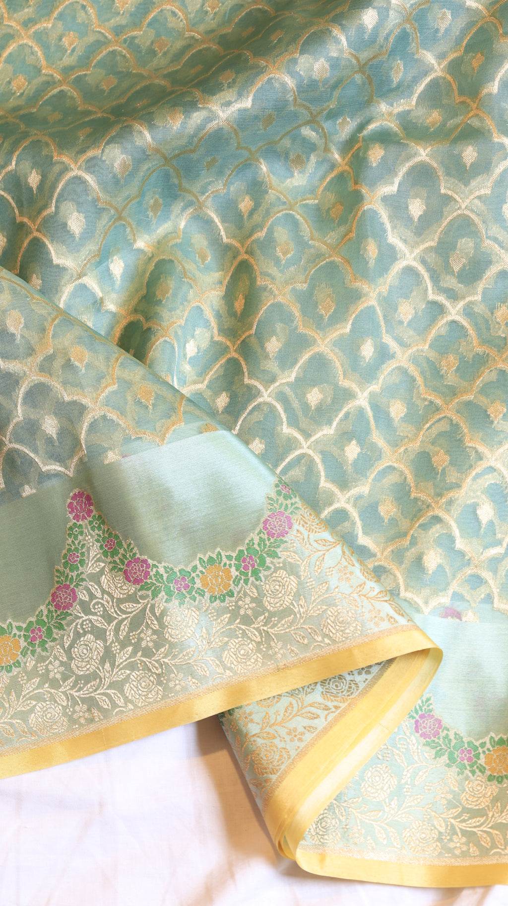 Aqua Blue Pure Kora Silk Handloom Saree with Contrast Blouse