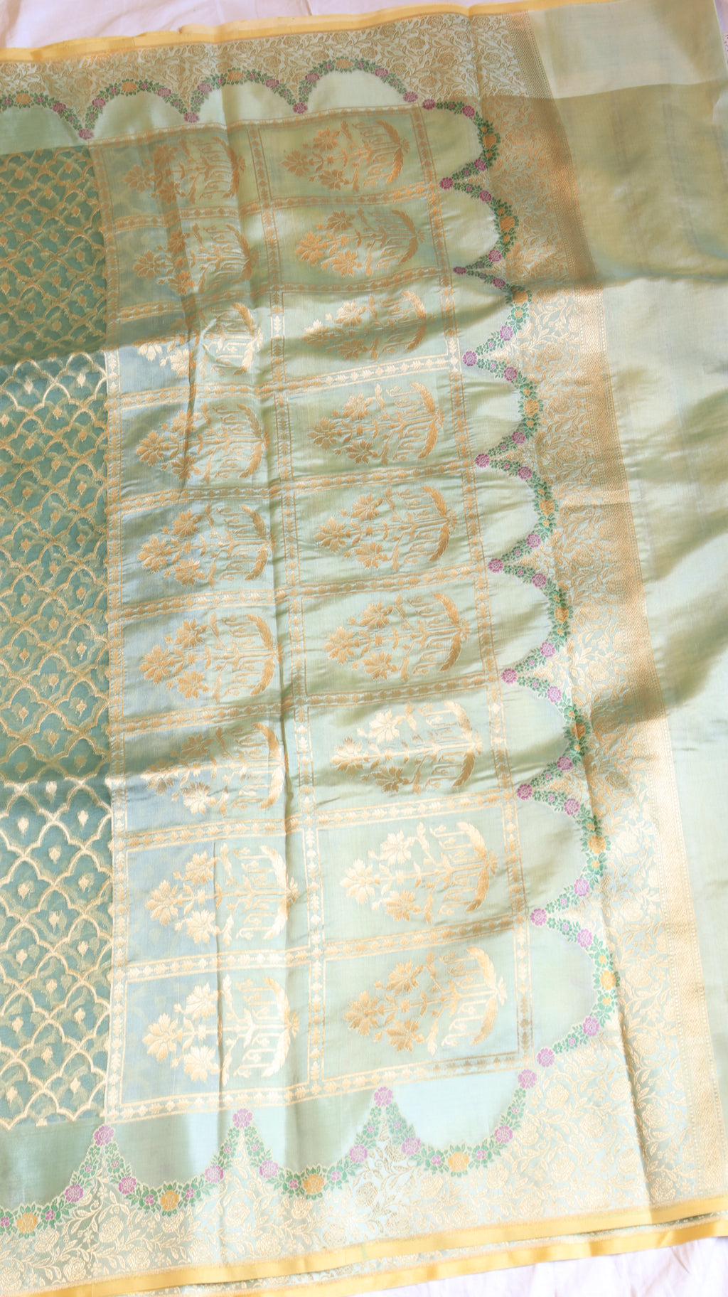 Aqua Blue Pure Kora Silk Handloom Saree with Contrast Blouse