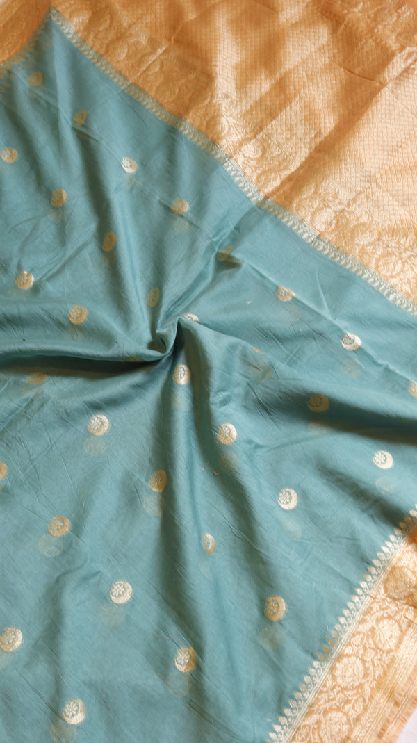 Pre-Order : Aqua Chand Phool Moonga Muslin Handloom Saree with contrast Border