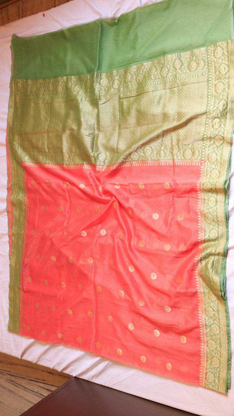 Pre-Order : Pink Chand Phool Moonga Muslin Handloom Saree with contrast Border