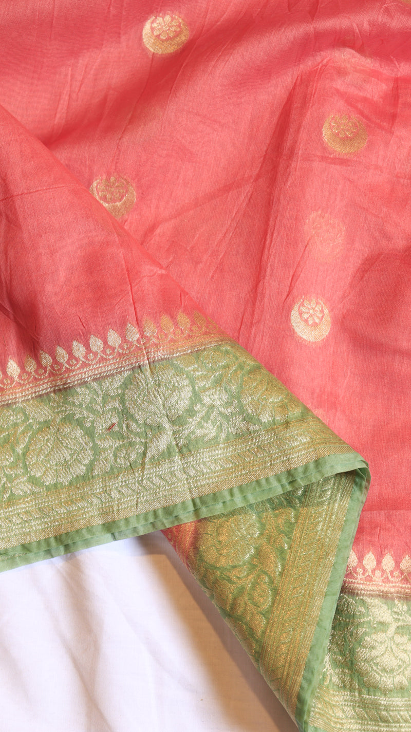Pre-Order : Pink Chand Phool Moonga Muslin Handloom Saree with contrast Border