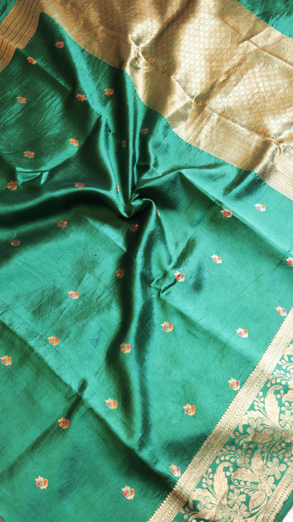Green Pure Soft Katan Silk Handloom Saree with Broad Border