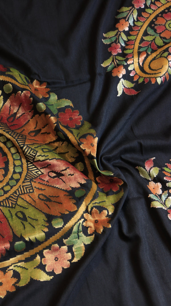Black Pure Moonga Muslin Handloom Saree with Paisley Style