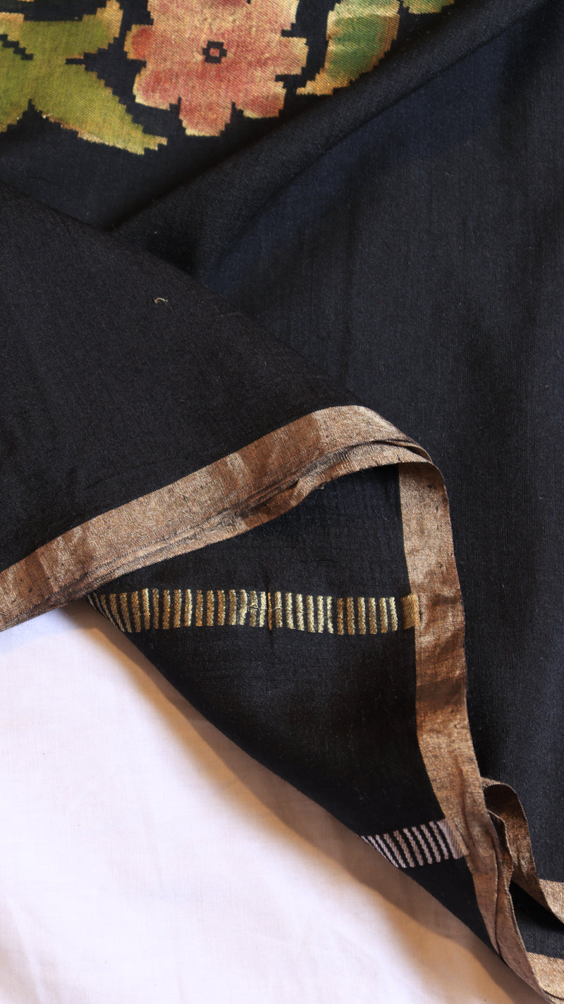 Black Pure Moonga Muslin Handloom Saree with Paisley Style
