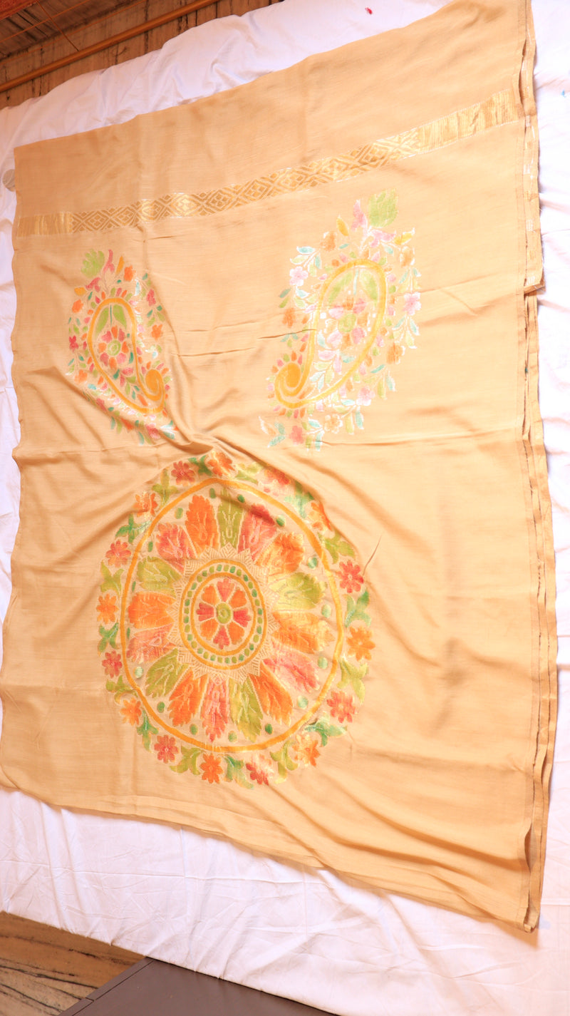 Beige Pure Moonga Muslin Handloom Saree with Paisley Style