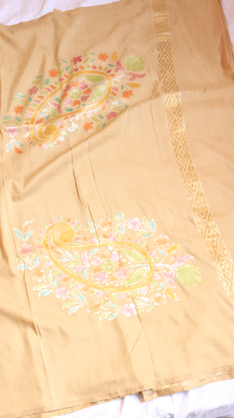 Beige Pure Moonga Muslin Handloom Saree with Paisley Style
