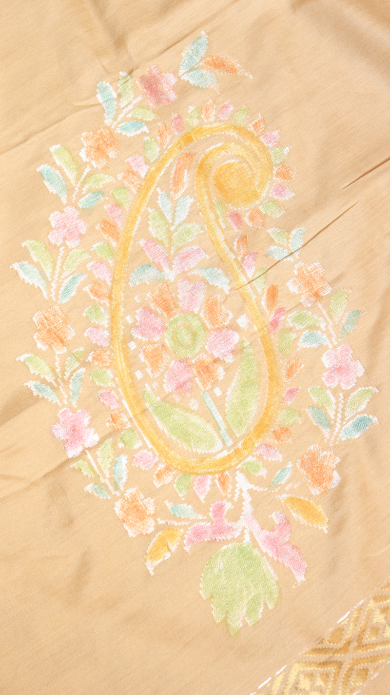 Beige Pure Moonga Muslin Handloom Saree with Paisley Style