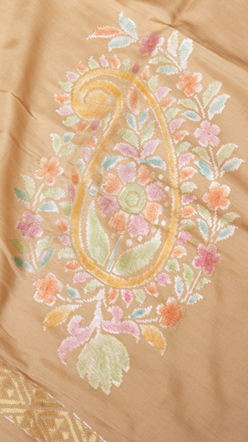 Beige Pure Moonga Muslin Handloom Saree with Paisley Style