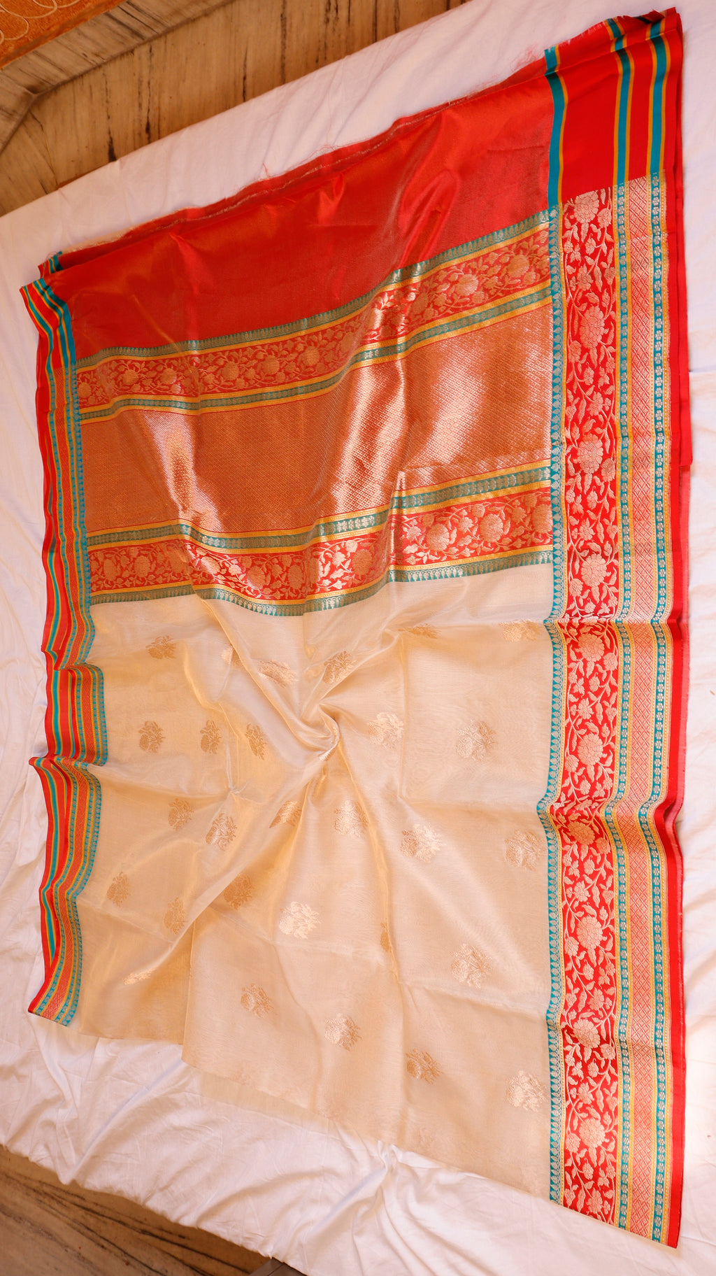 Cream Beige Pure Tissue Silk Handloom Saree with Contrast Border