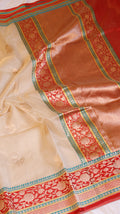 Cream Beige Pure Tissue Silk Handloom Saree with Contrast Border