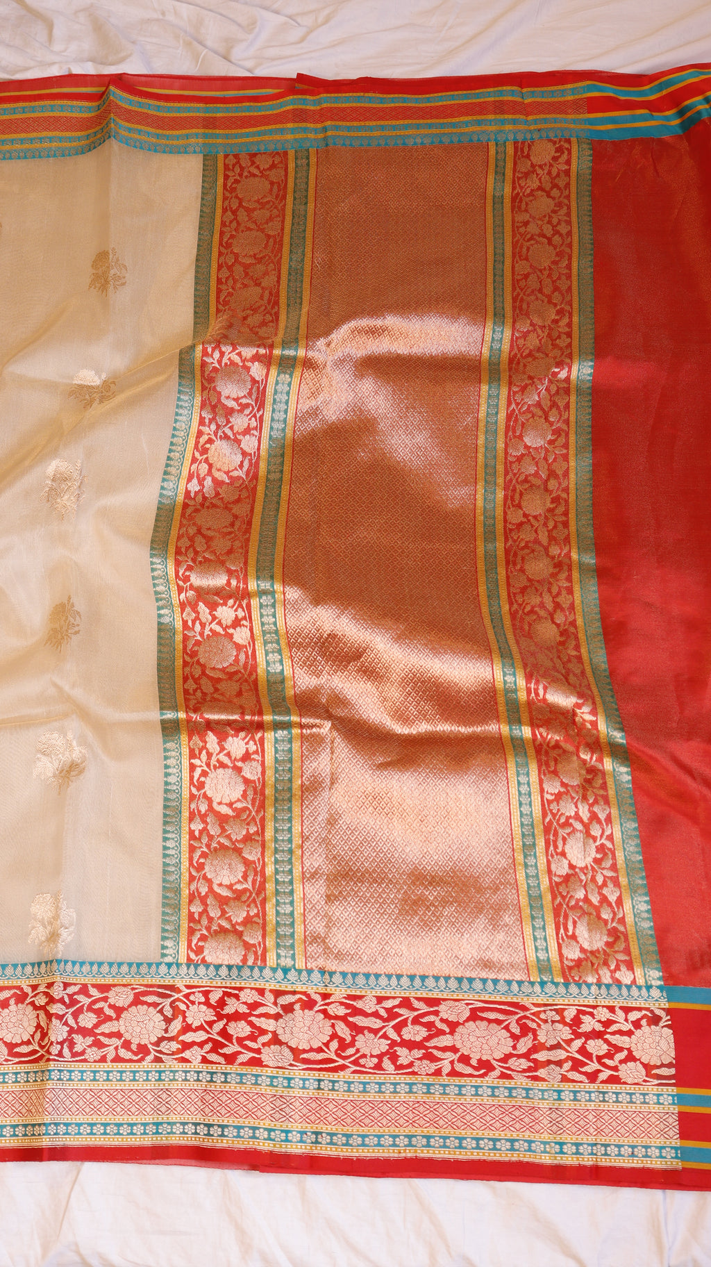 Cream Beige Pure Tissue Silk Handloom Saree with Contrast Border