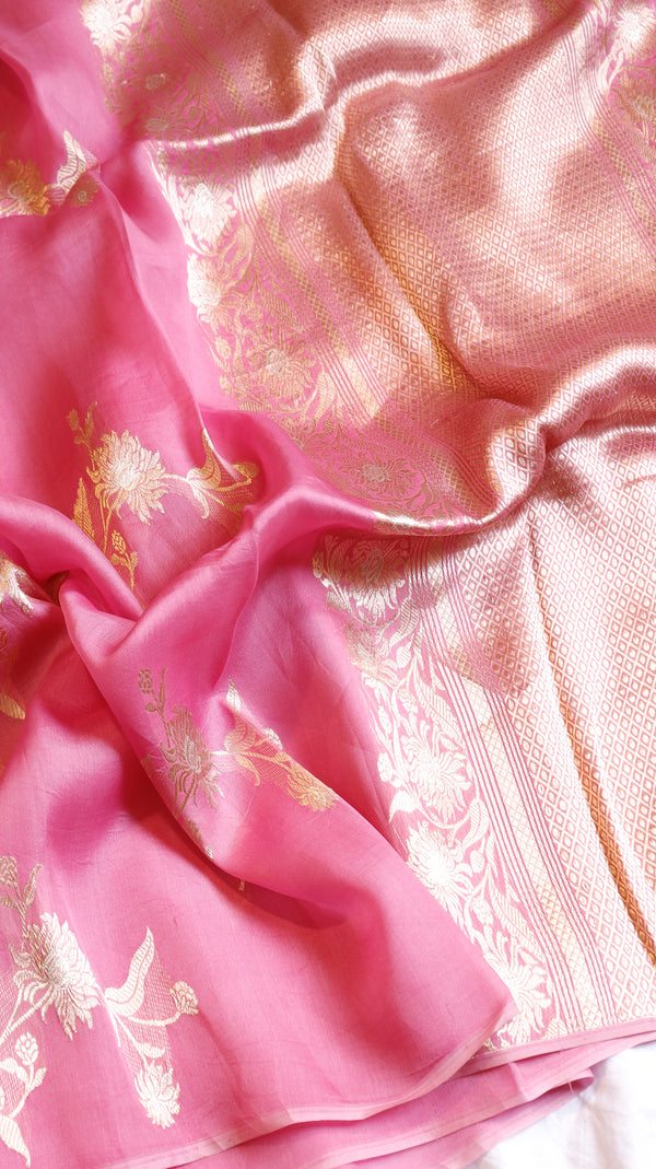 Pink Pure Kora Silk Handloom Saree