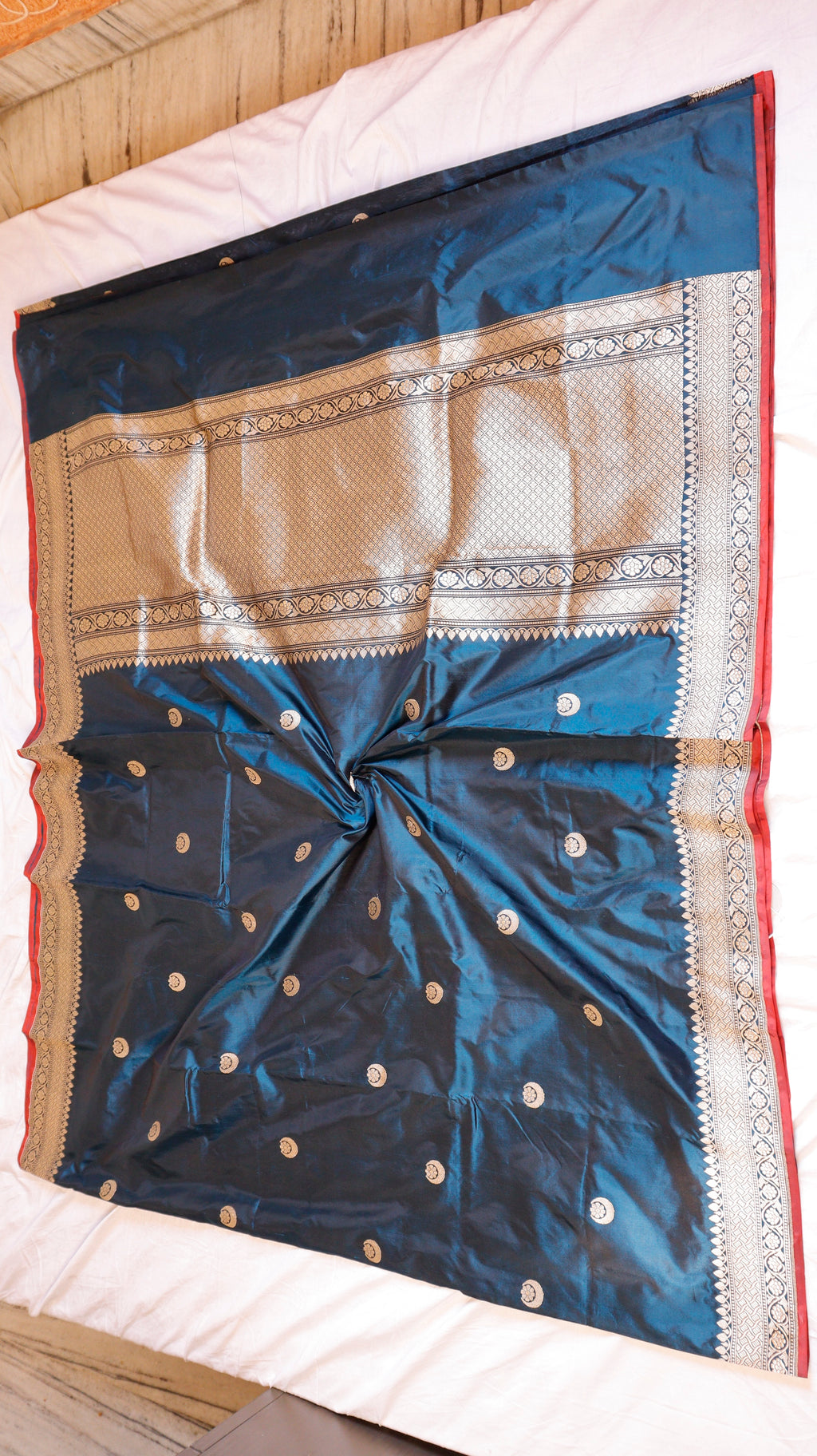 Peacock Blue Chand Phool Pure Katan Silk Handloom Saree