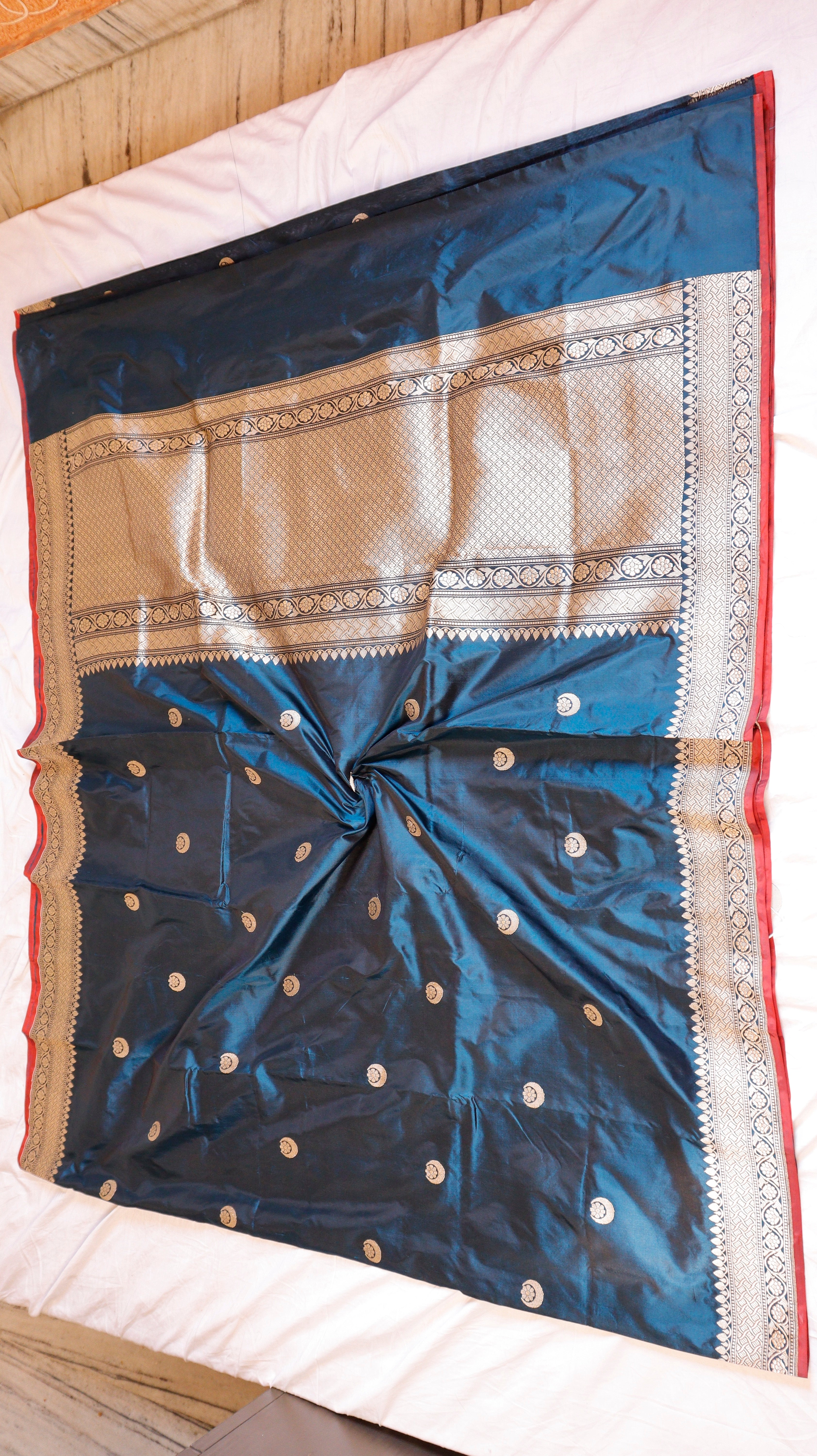 Peacock Blue Chand Phool Pure Katan Silk Handloom Saree