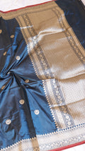 Peacock Blue Chand Phool Pure Katan Silk Handloom Saree