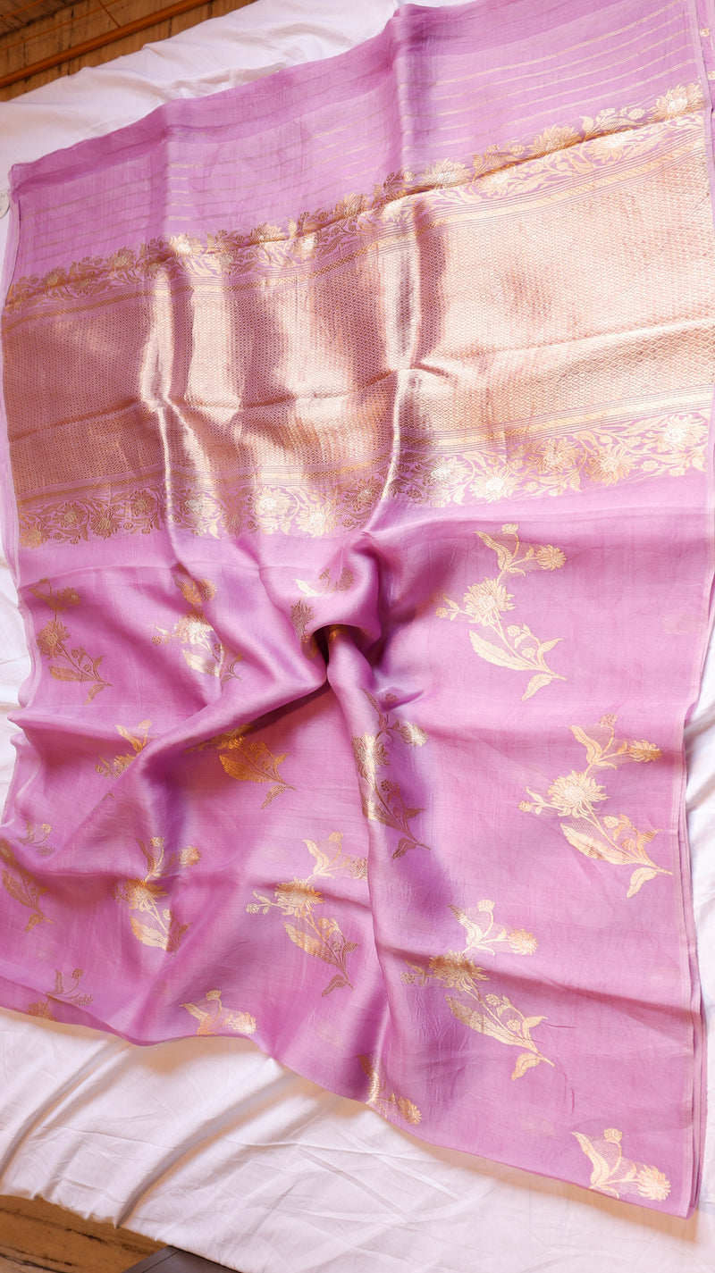 Lavender Pure Kora Silk Handloom Saree