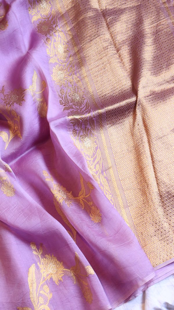 Lavender Pure Kora Silk Handloom Saree