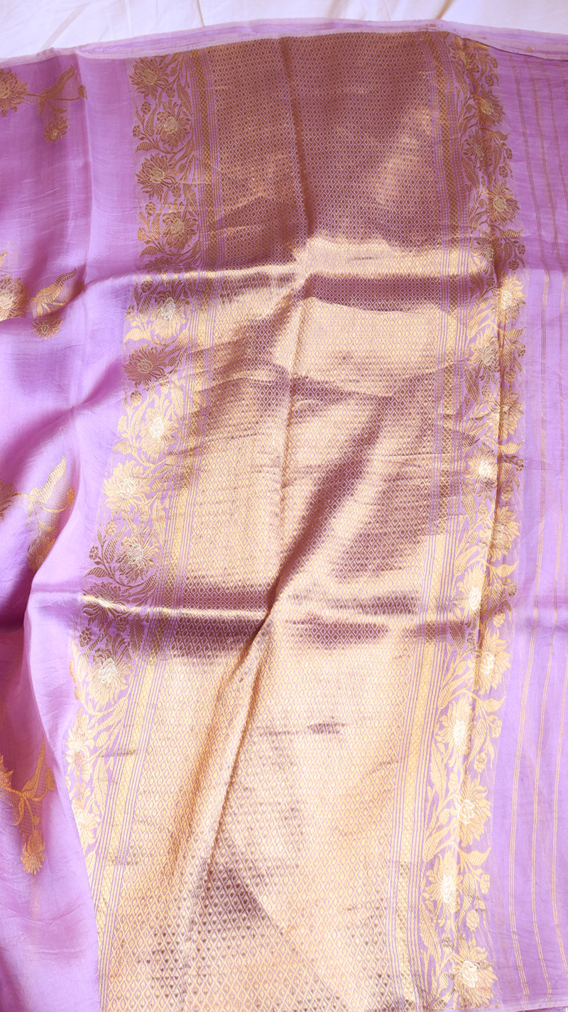 Lavender Pure Kora Silk Handloom Saree