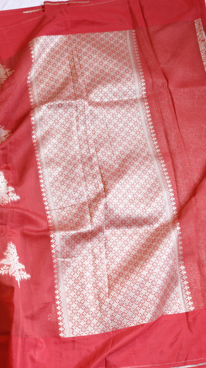 Cherry Red Pure Cotton Handloom Saree with Brocade Blouse
