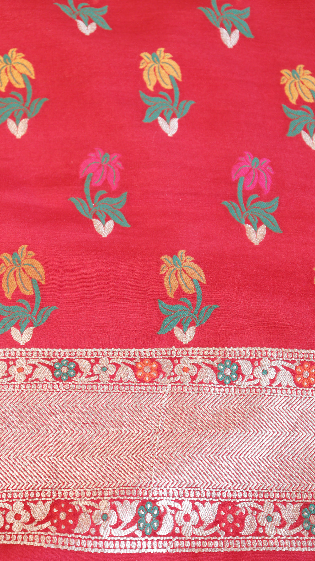 Red Pure Moonga Silk Handloom Suit Set with Contrast Dupatta