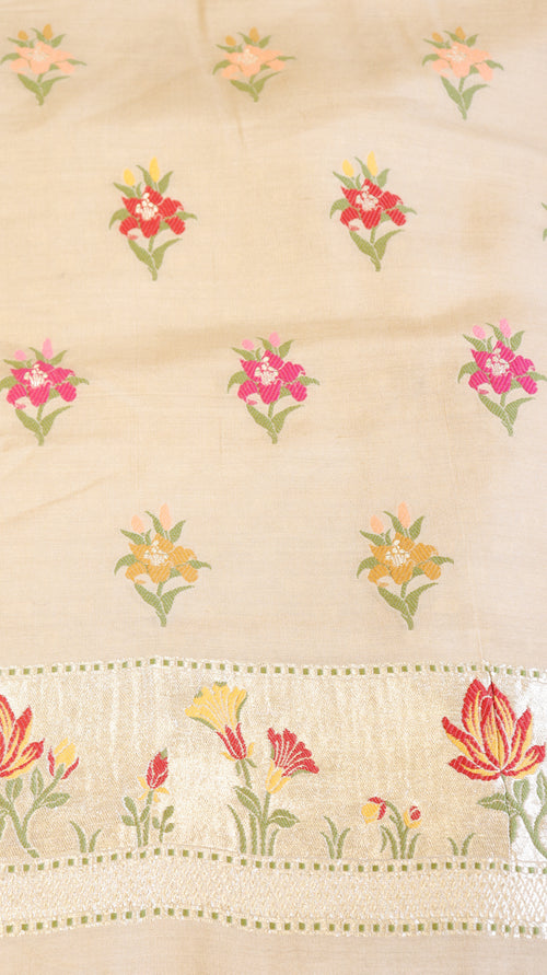 Beige Pure Moonga Silk Handloom Suit Set with Contrast Dupatta