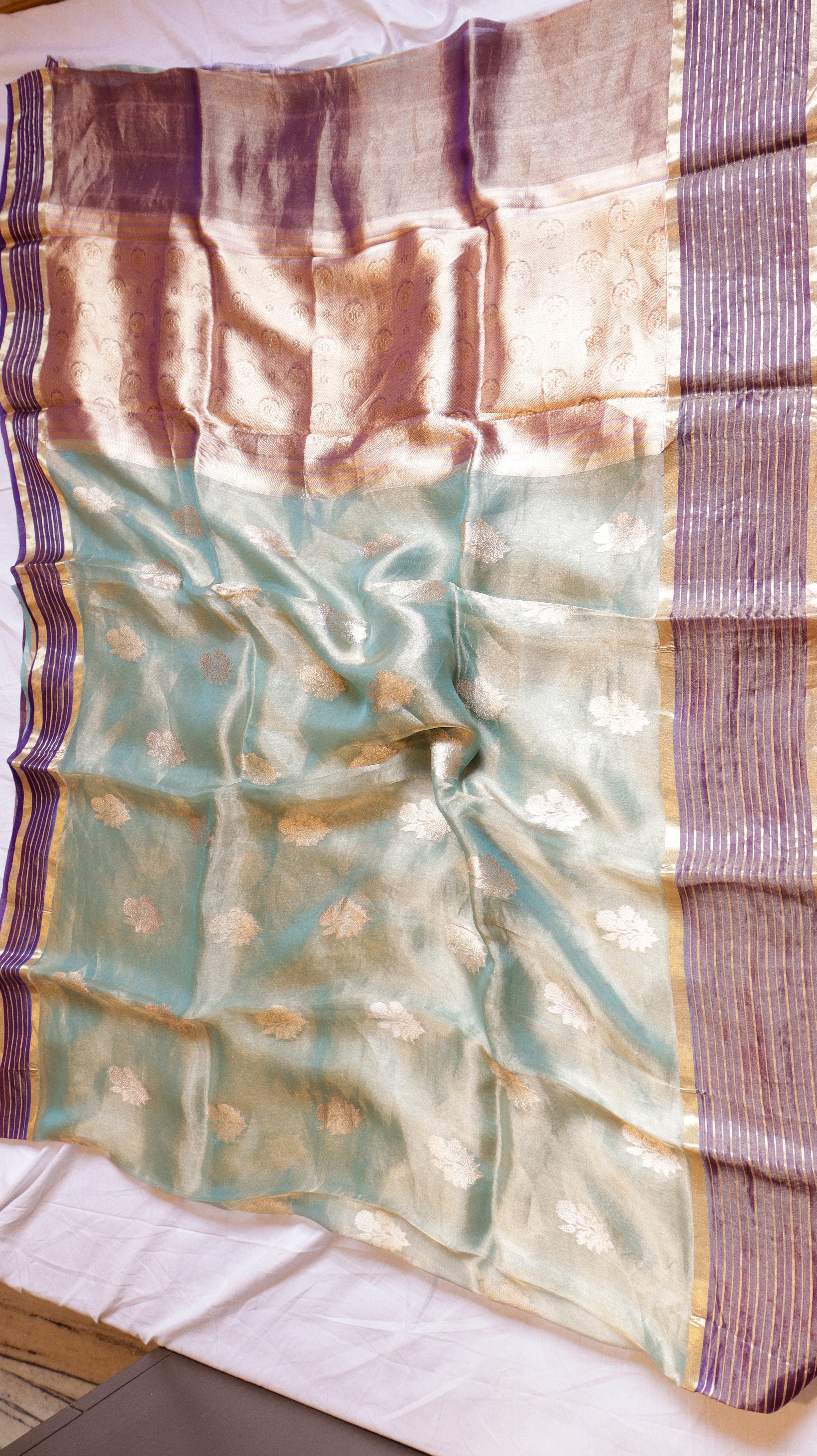 Aqua Blue Pure Tissue Silk Handloom Saree with Contrast Stripe Border