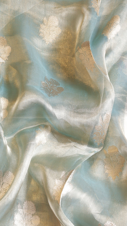 Aqua Blue Pure Tissue Silk Handloom Saree with Contrast Stripe Border