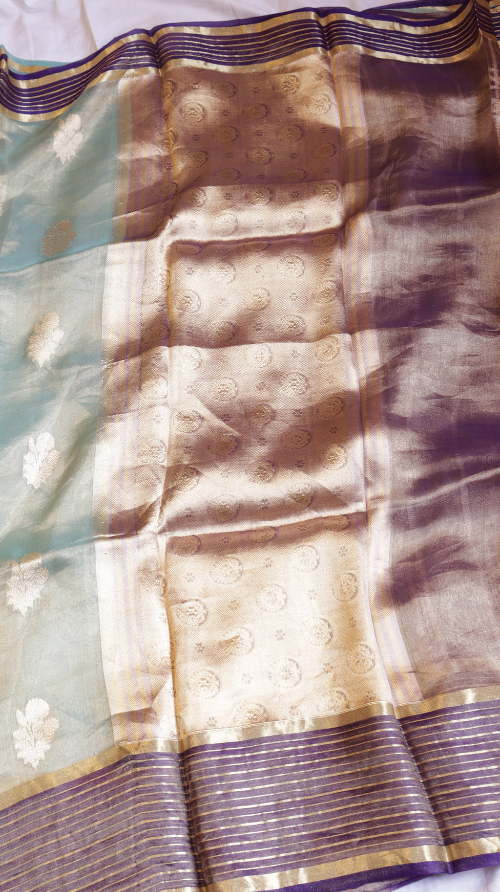 Aqua Blue Pure Tissue Silk Handloom Saree with Contrast Stripe Border