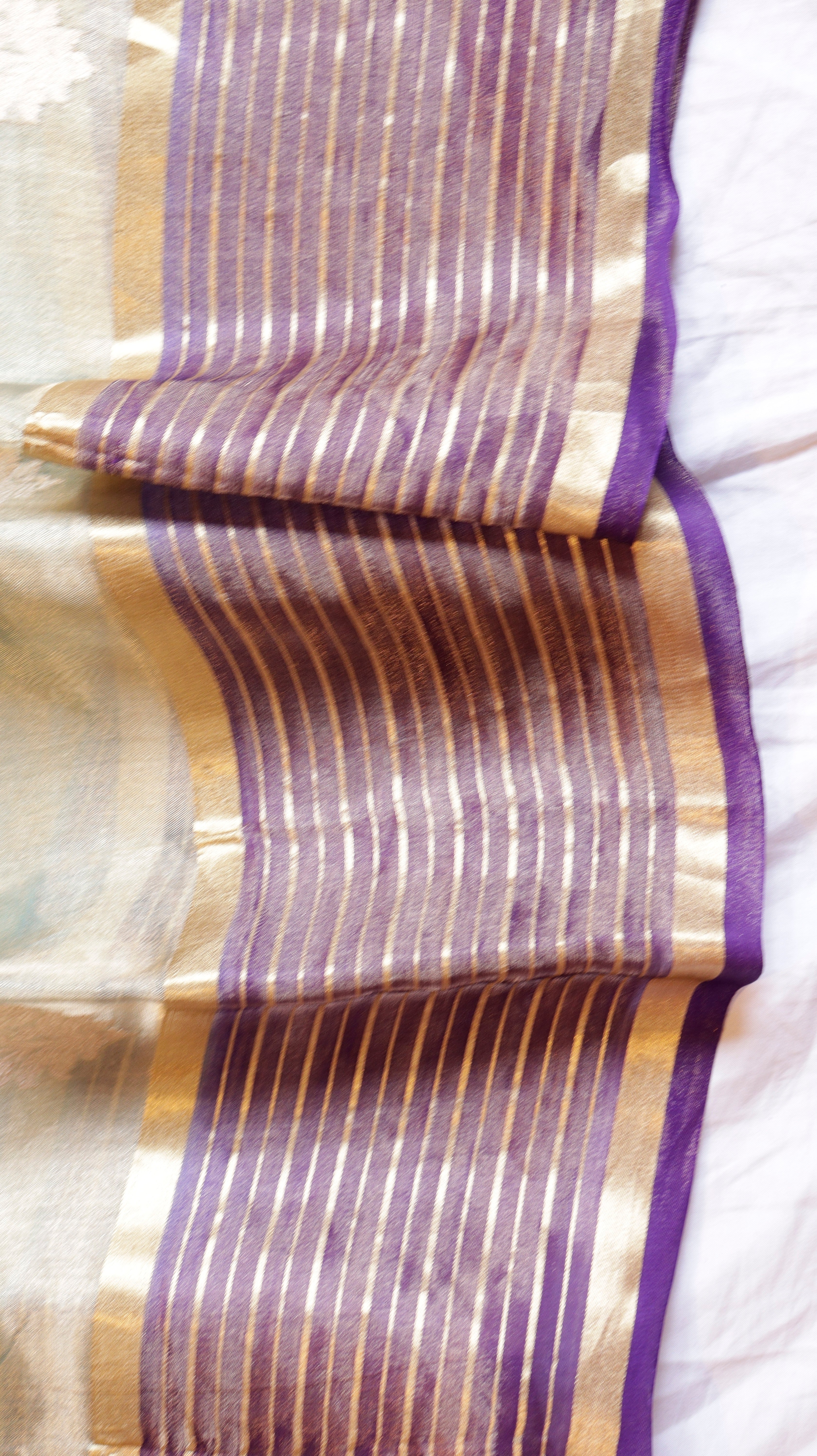 Aqua Blue Pure Tissue Silk Handloom Saree with Contrast Stripe Border