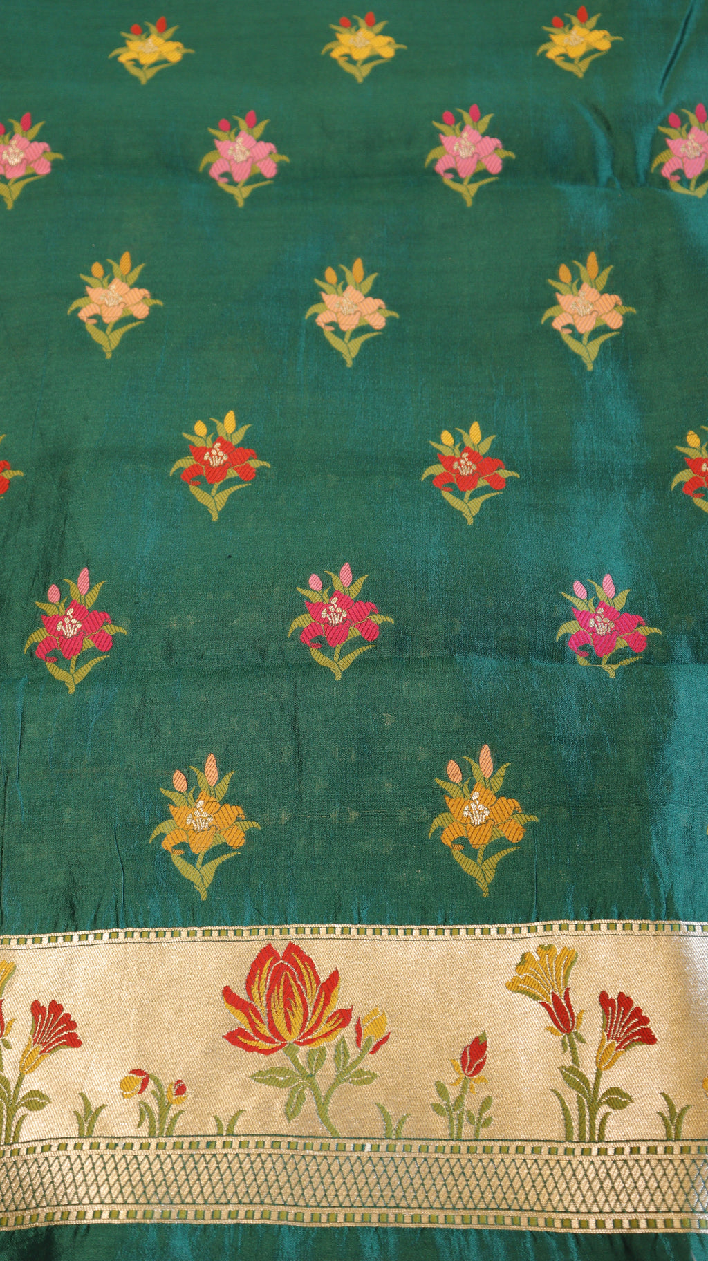 Green Pure Moonga Silk Handloom Suit Set with Contrast Dupatta