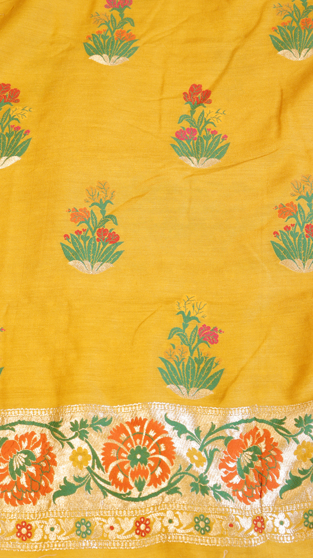 Pre-Order : Yellow Pure Moonga Silk Handloom Suit Set with Contrast Dupatta