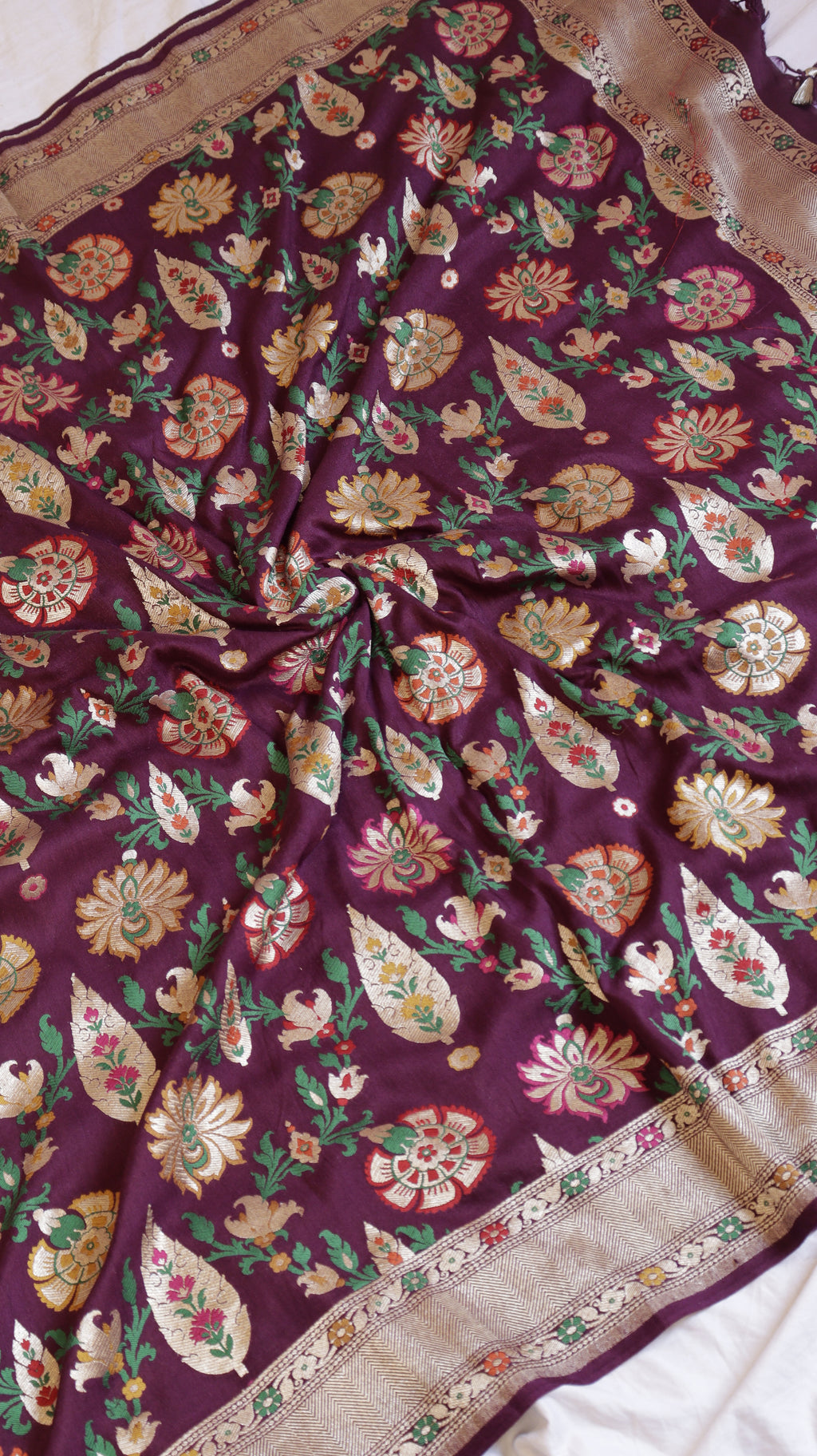 Purple Pure Moonga Silk Handloom Suit Set with Contrast Dupatta