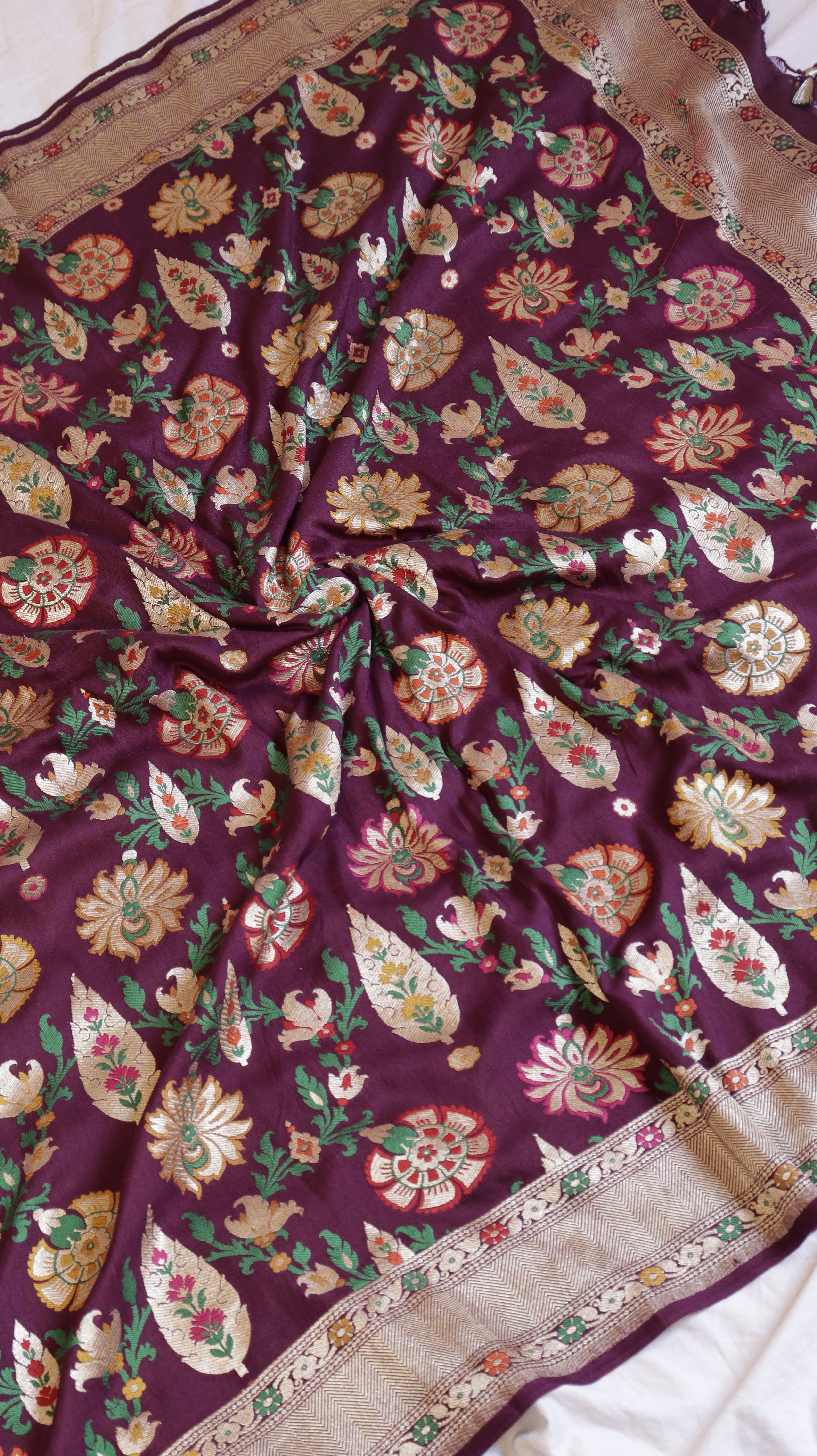 Purple Pure Moonga Silk Handloom Suit Set with Contrast Dupatta