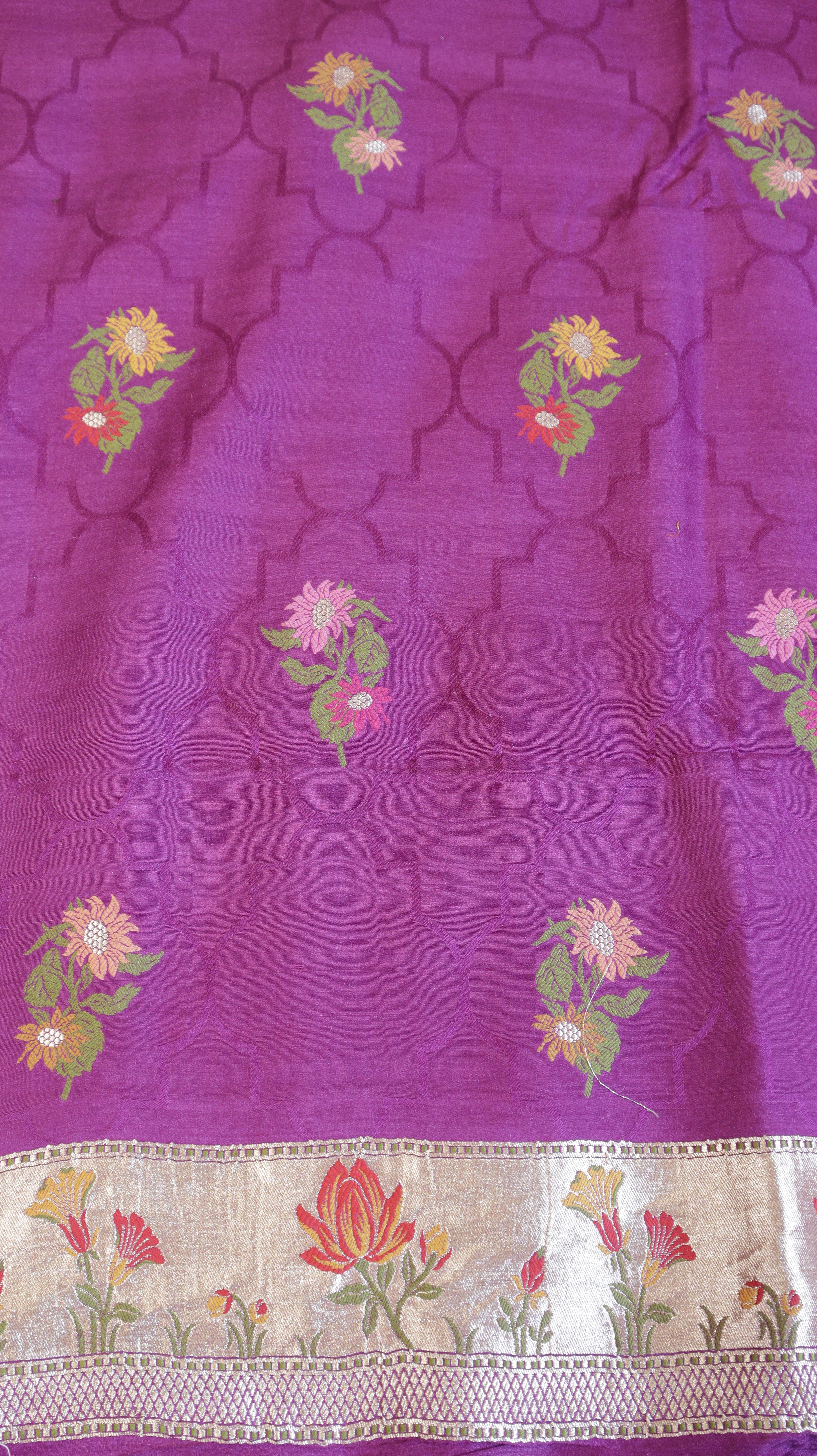Purple Pure Moonga Silk Handloom Suit Set with Contrast Dupatta