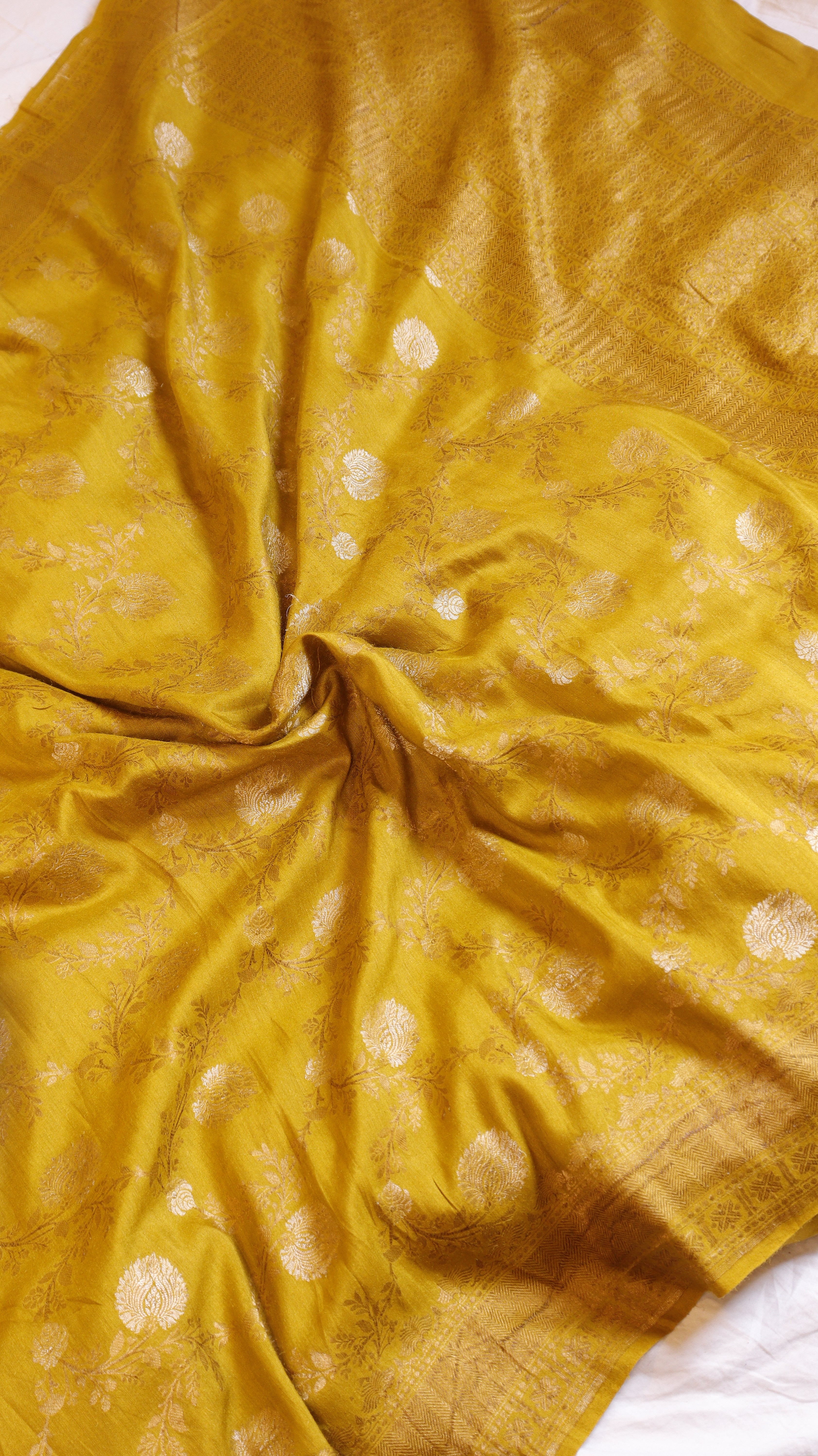 Mustard Yellow Pure Moonga Silk Handloom Suit Set with Contrast Dupatta