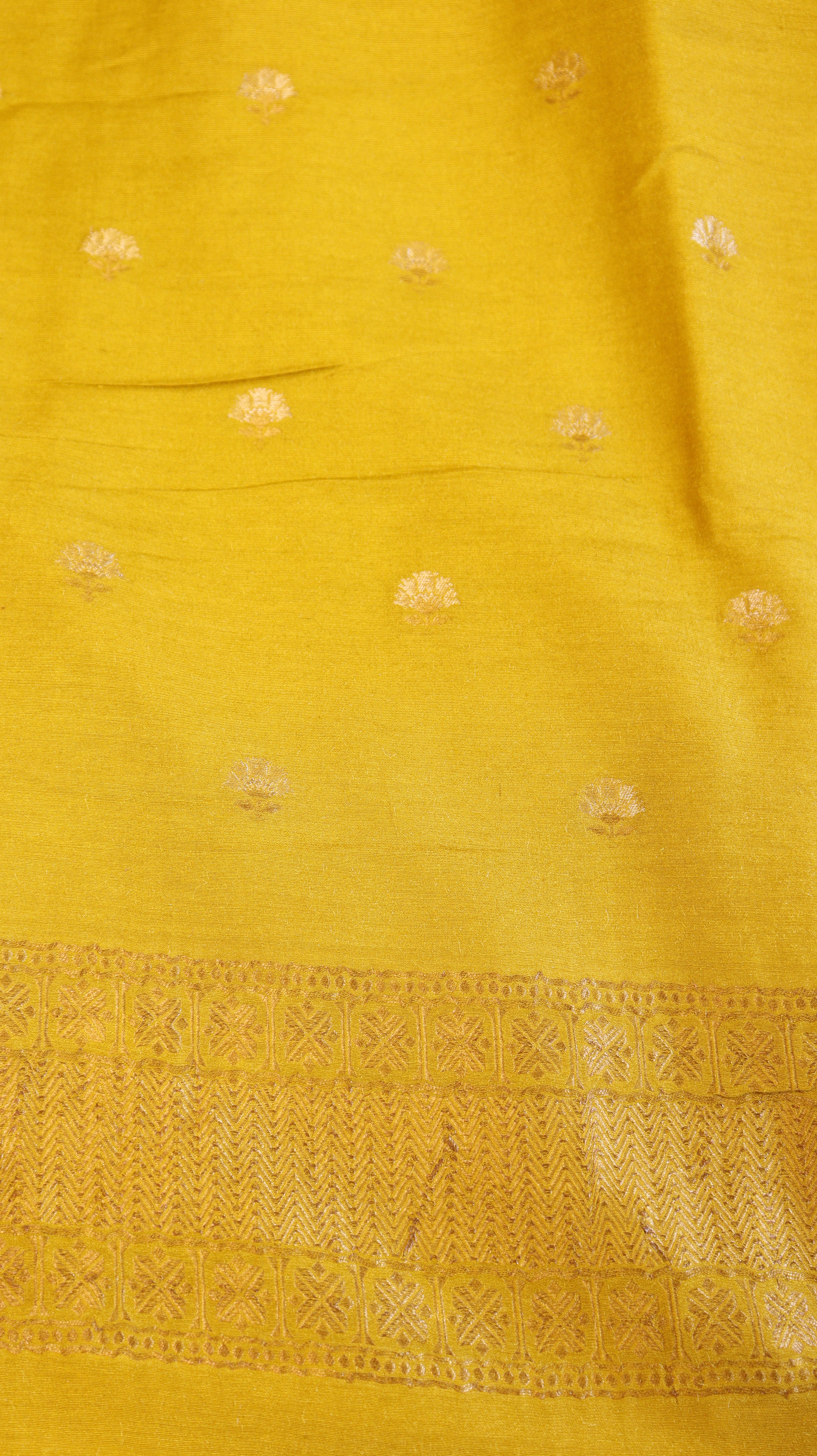 Mustard Yellow Pure Moonga Silk Handloom Suit Set with Contrast Dupatta