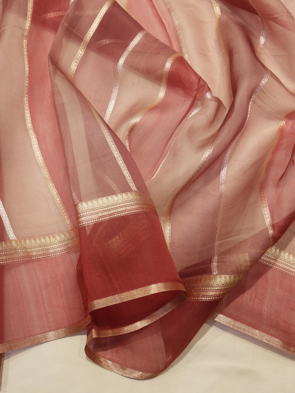 Pre-Order : Pure Kora Silk Handloom Saree with Stripes Blouse