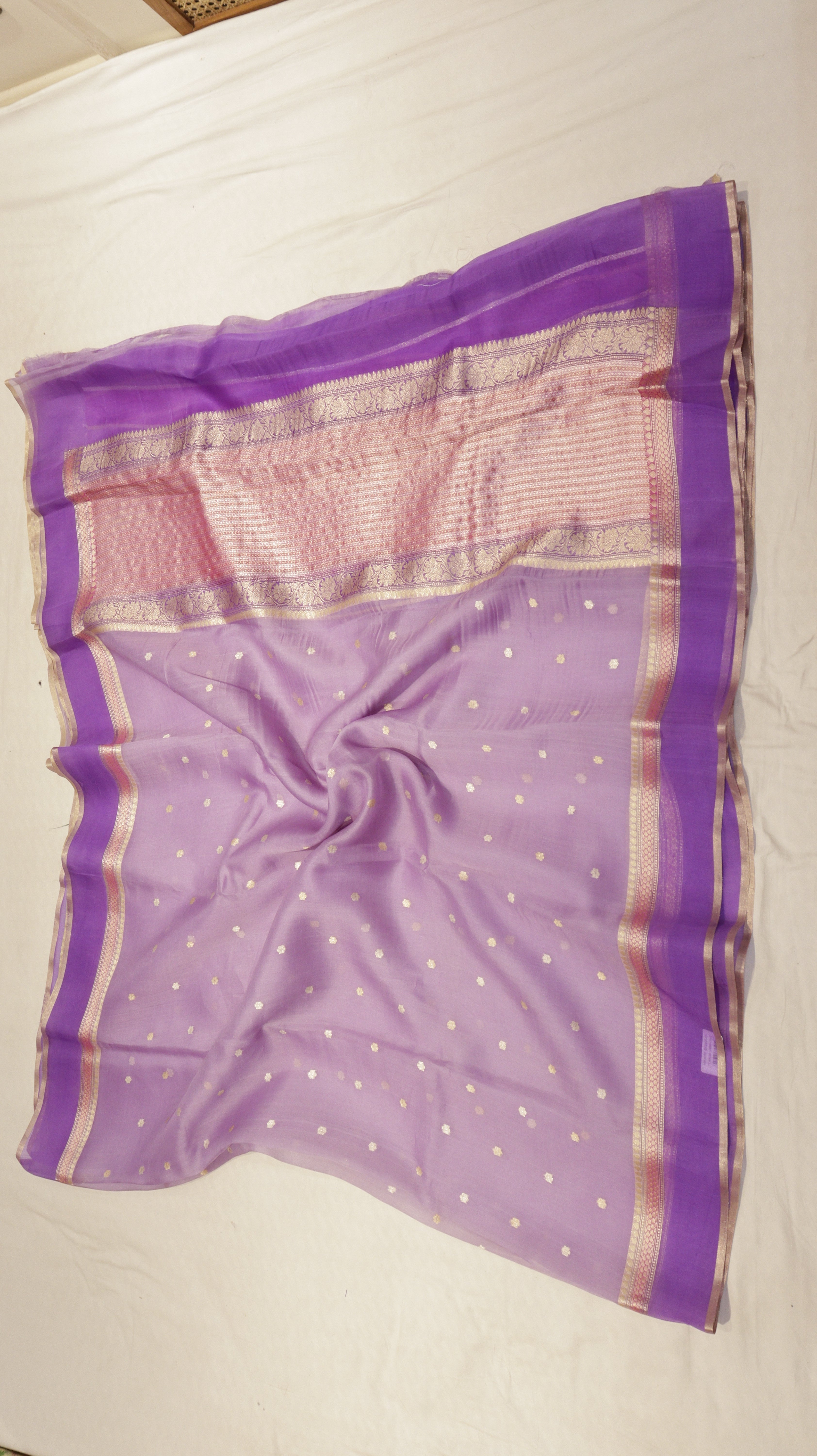 Pre-Order : Lavender Pure Kora Silk Handloom Saree with Stripes Blouse