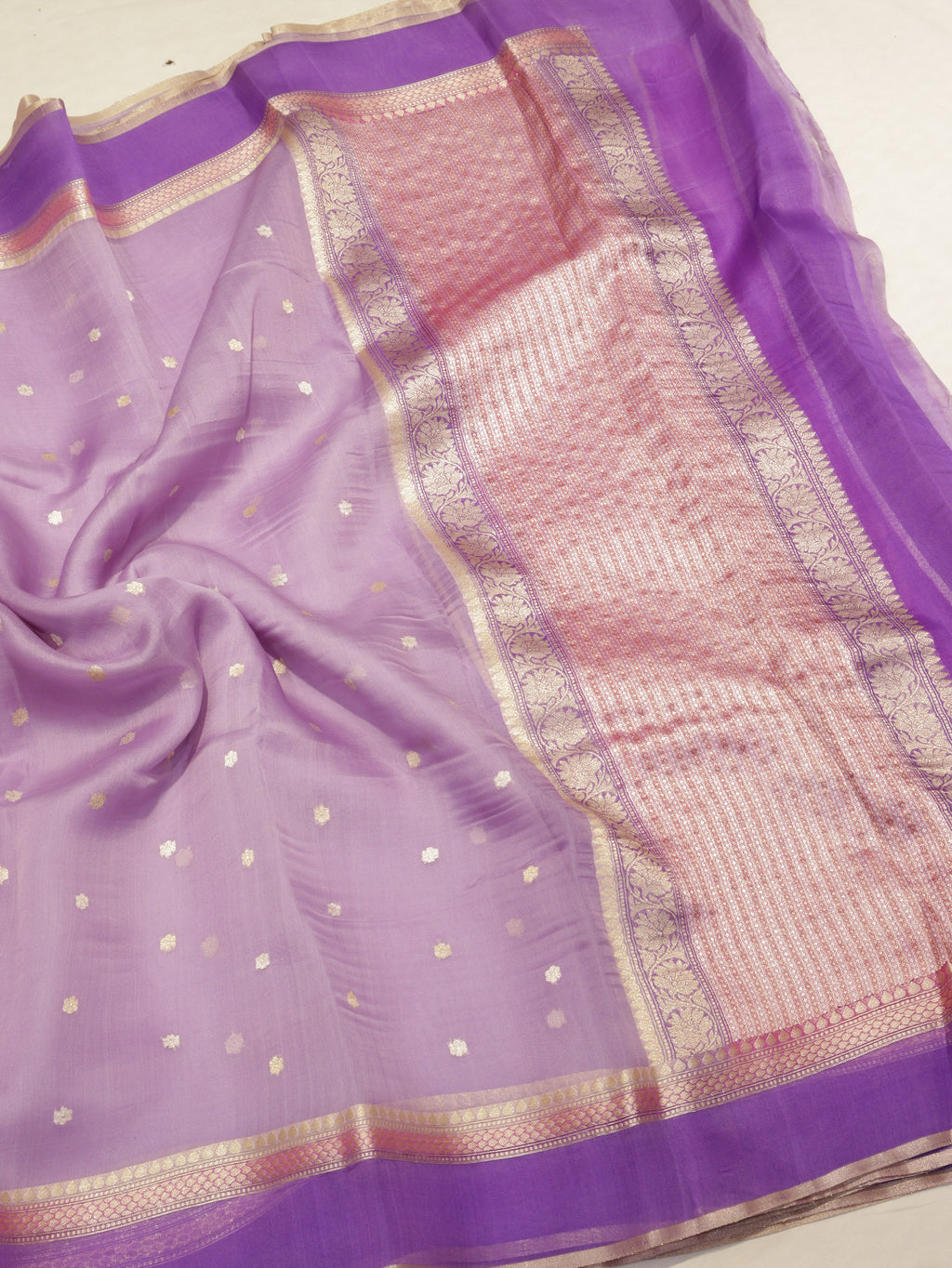 Pre-Order : Lavender Pure Kora Silk Handloom Saree with Stripes Blouse