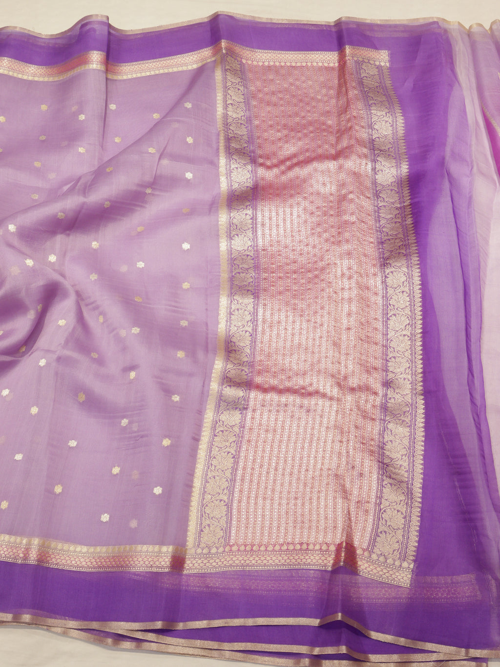 Pre-Order : Lavender Pure Kora Silk Handloom Saree with Stripes Blouse