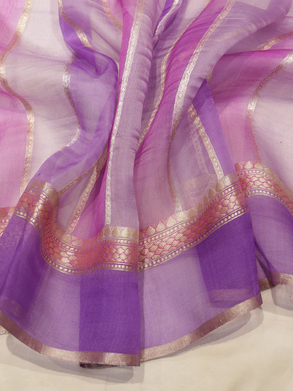 Pre-Order : Lavender Pure Kora Silk Handloom Saree with Stripes Blouse